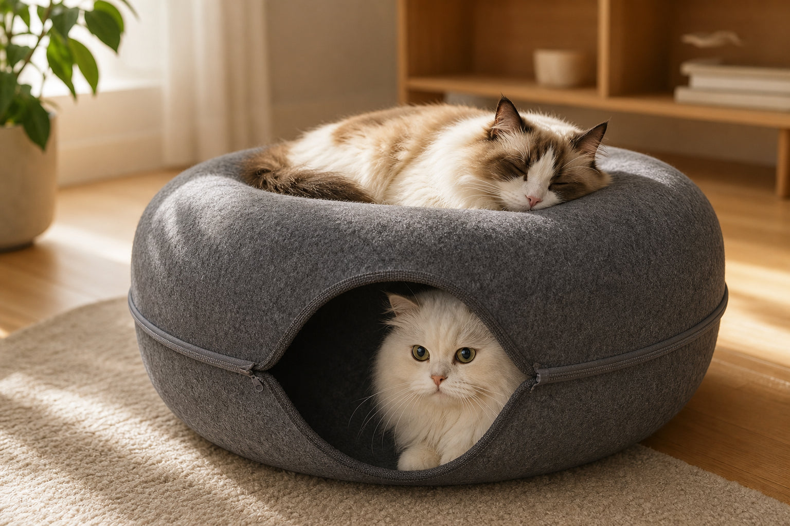 Cat in a cozy donut cave bed