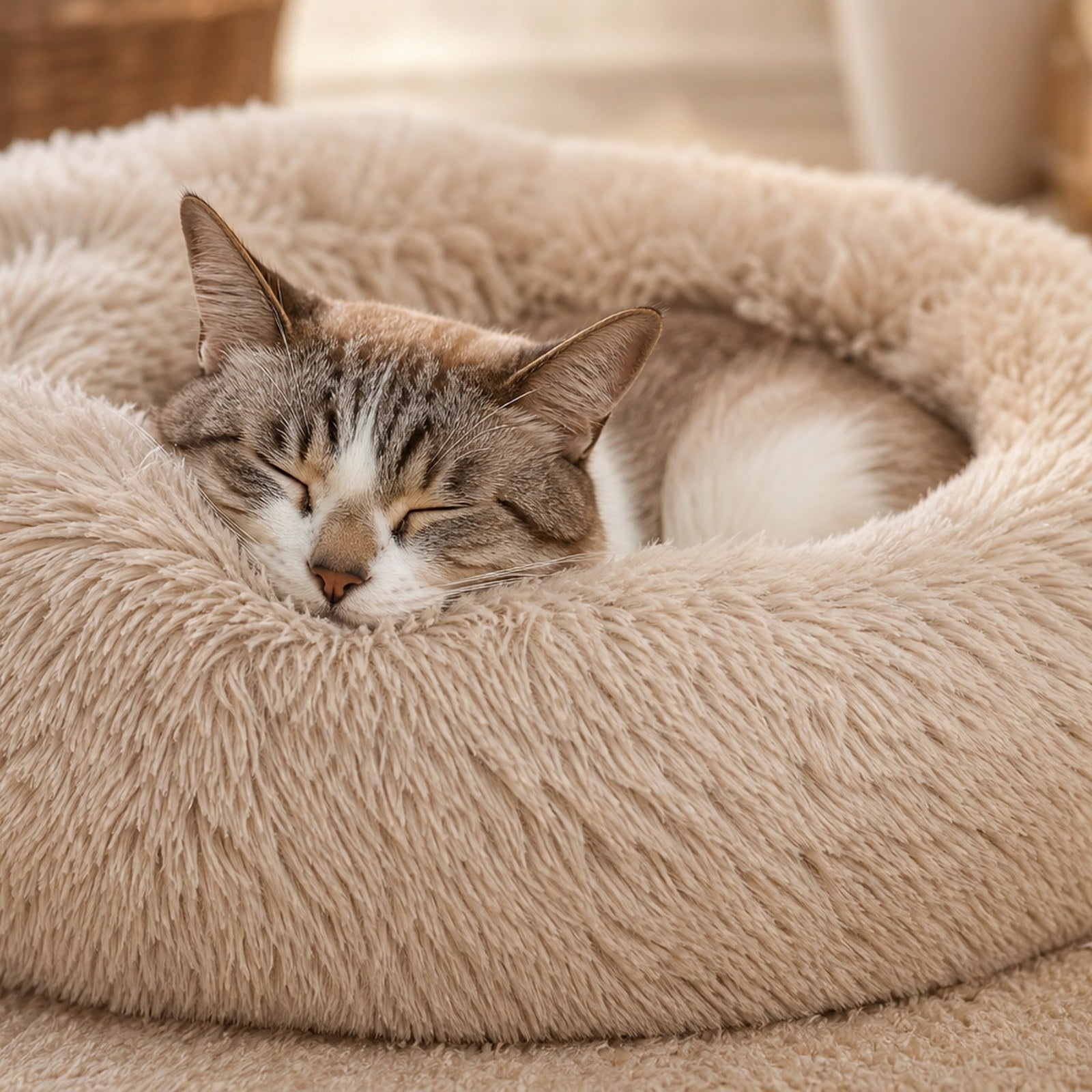 Cat sleeping in a soft shaggy round pet bed